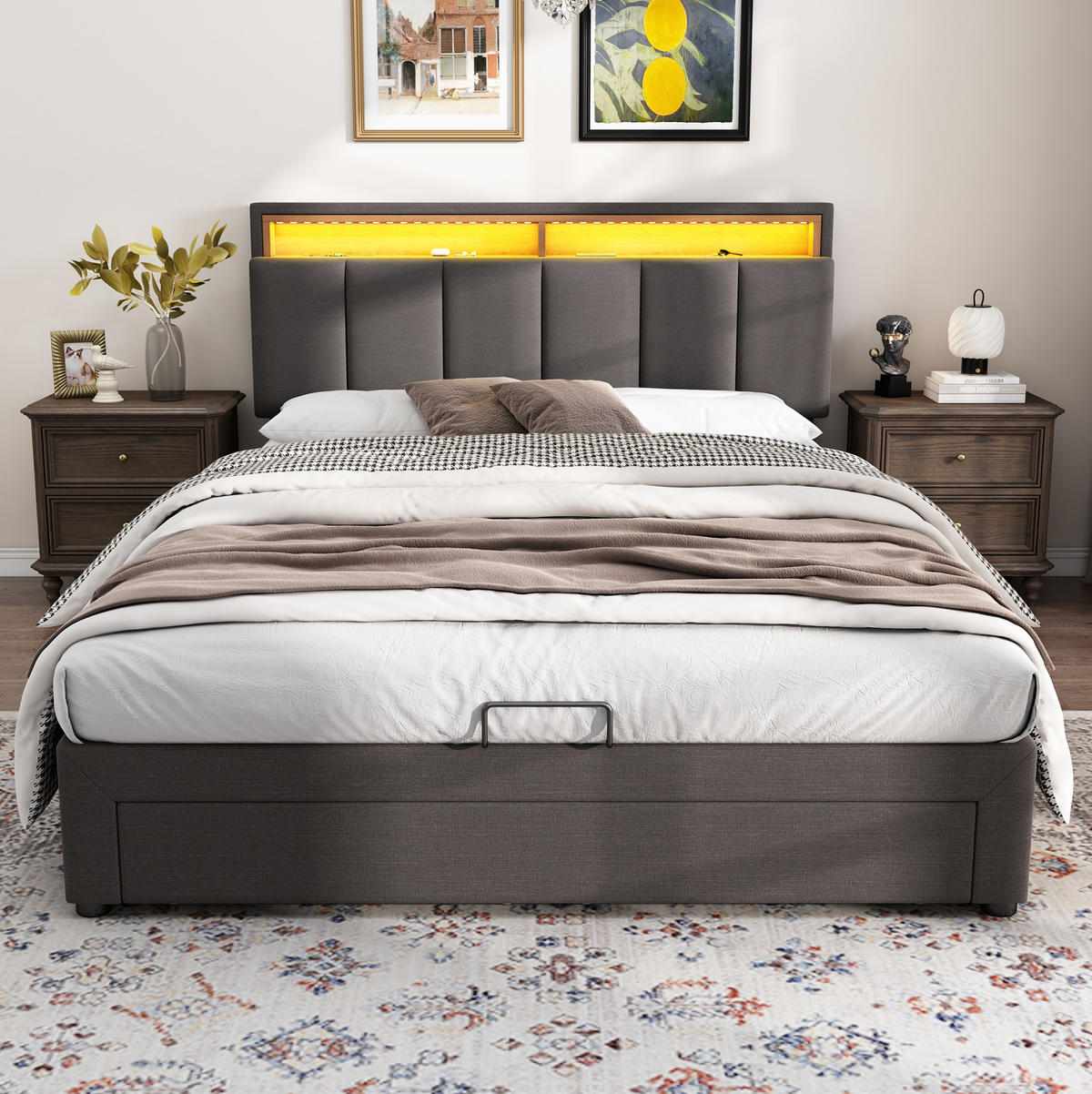 POLSTERBETT mit LED-Beleuchtung 140/190 cm mit Bettkasten & gepolstertem Kopfteil - Grau, Metall (140/200cm) - BEAOK