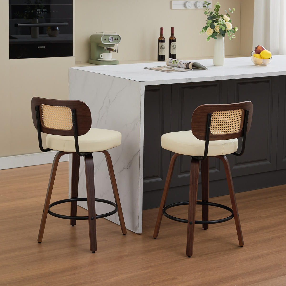 BARHOCKER 2er-Set,Drehstuhl,360° drehbar,PU-Leder,Beige - Beige, Holz (42/90/56cm) - LVHOM