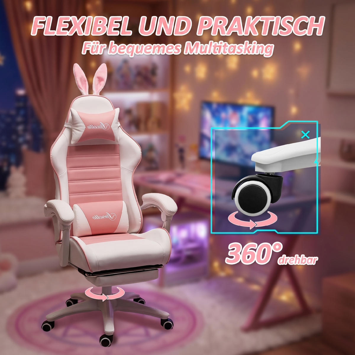 GAMING-SESSEL Rosa Kunstleder, Schaumstoff 65xx63x142 xm - Rosa, Kunststoff (63/142/65cm) - DESIGN IN