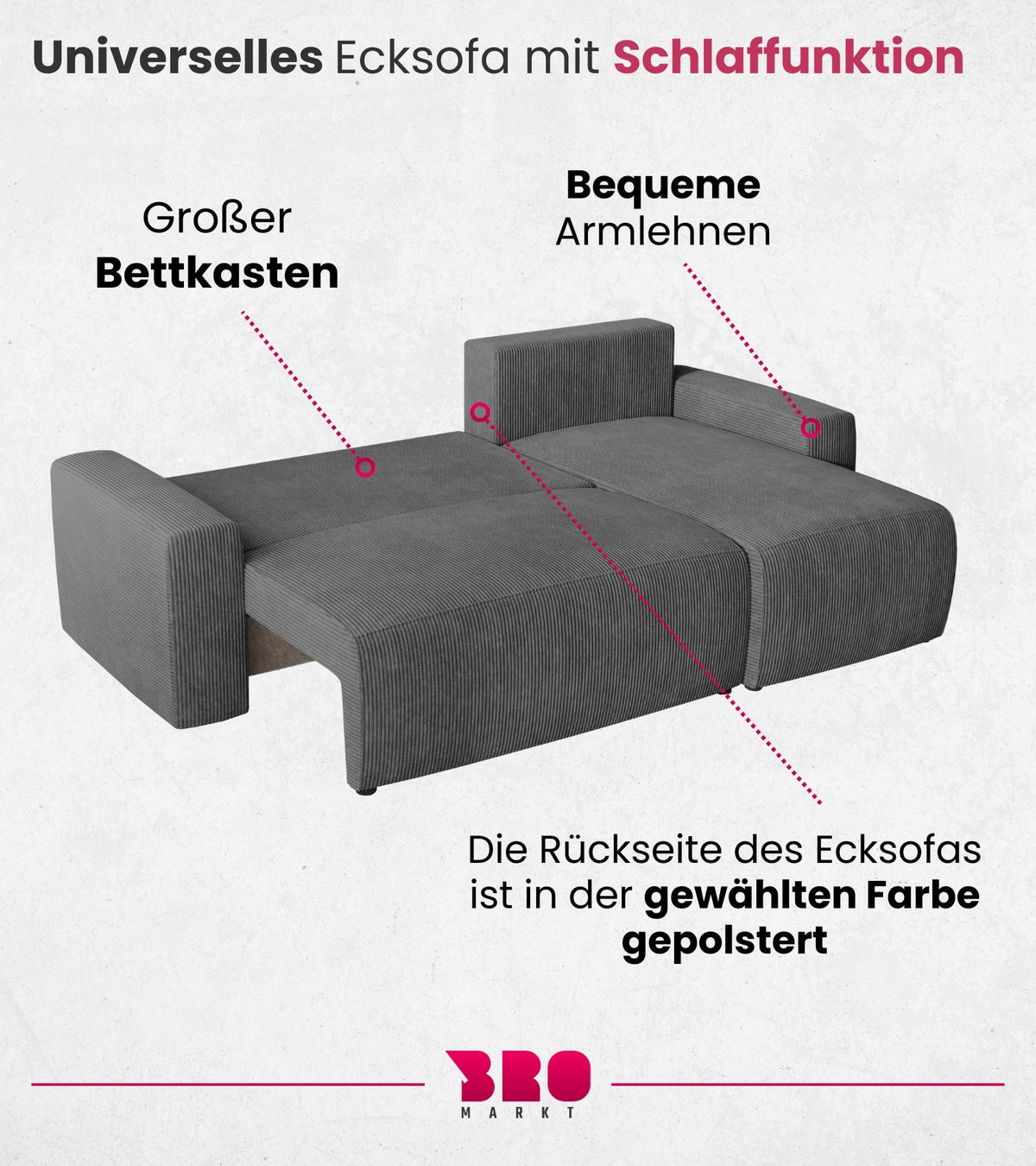 ECKSOFA PLUSH mit Schlaffunktion Dunkelgrau Cord - Dunkelgrau, Textil (240/145cm) - Bromarkt