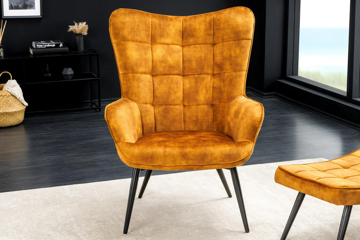 SESSEL SCANDINAVIA Samt Senfgelb 100 cm - Gelb/Schwarz, Textil/Metall (72/98/79cm) - riess-ambiente
