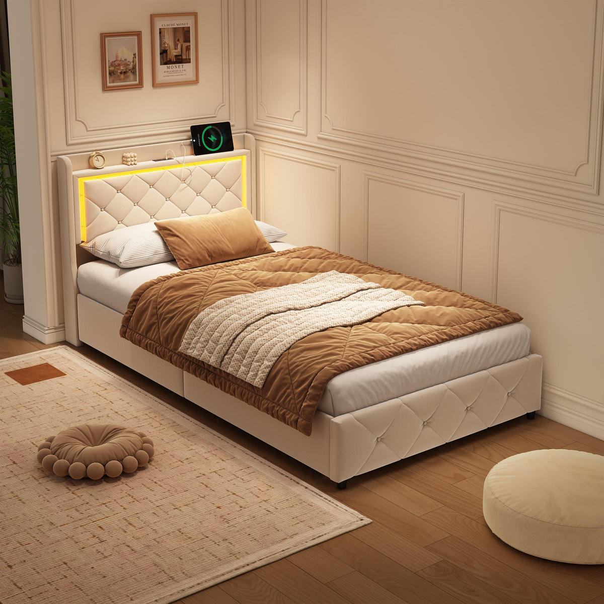 POLSTERBETT 90x200cm -Lumina-Rest- mit LED & Ladefunktion – Samt Beige - Beige, Textil (90/200cm) - DELFA