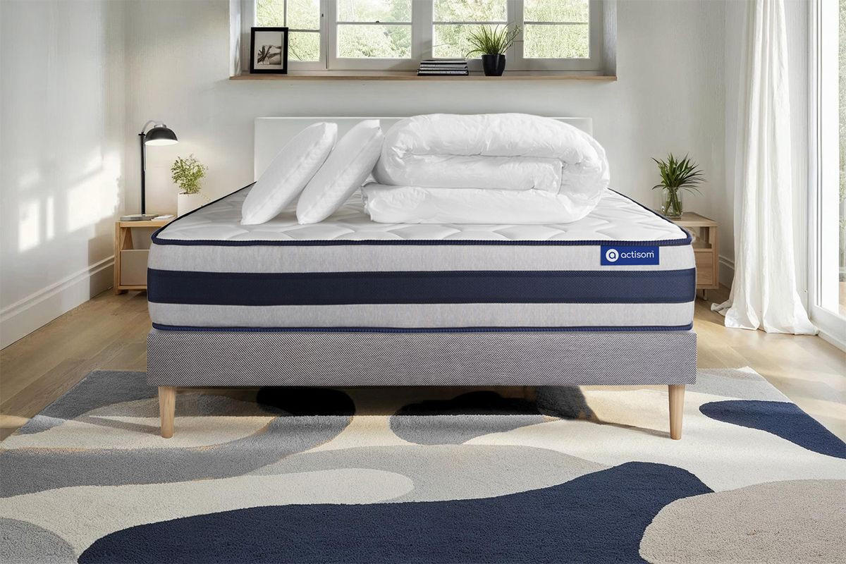BETT Actimemo ergo Memory-Schaum 140 x 200 cm h3 - Kit Bettgestell Grau - Mit Kissen und Bettdecke - Beige/Grau, Karton/Holz (140/200cm) - ACTISOM