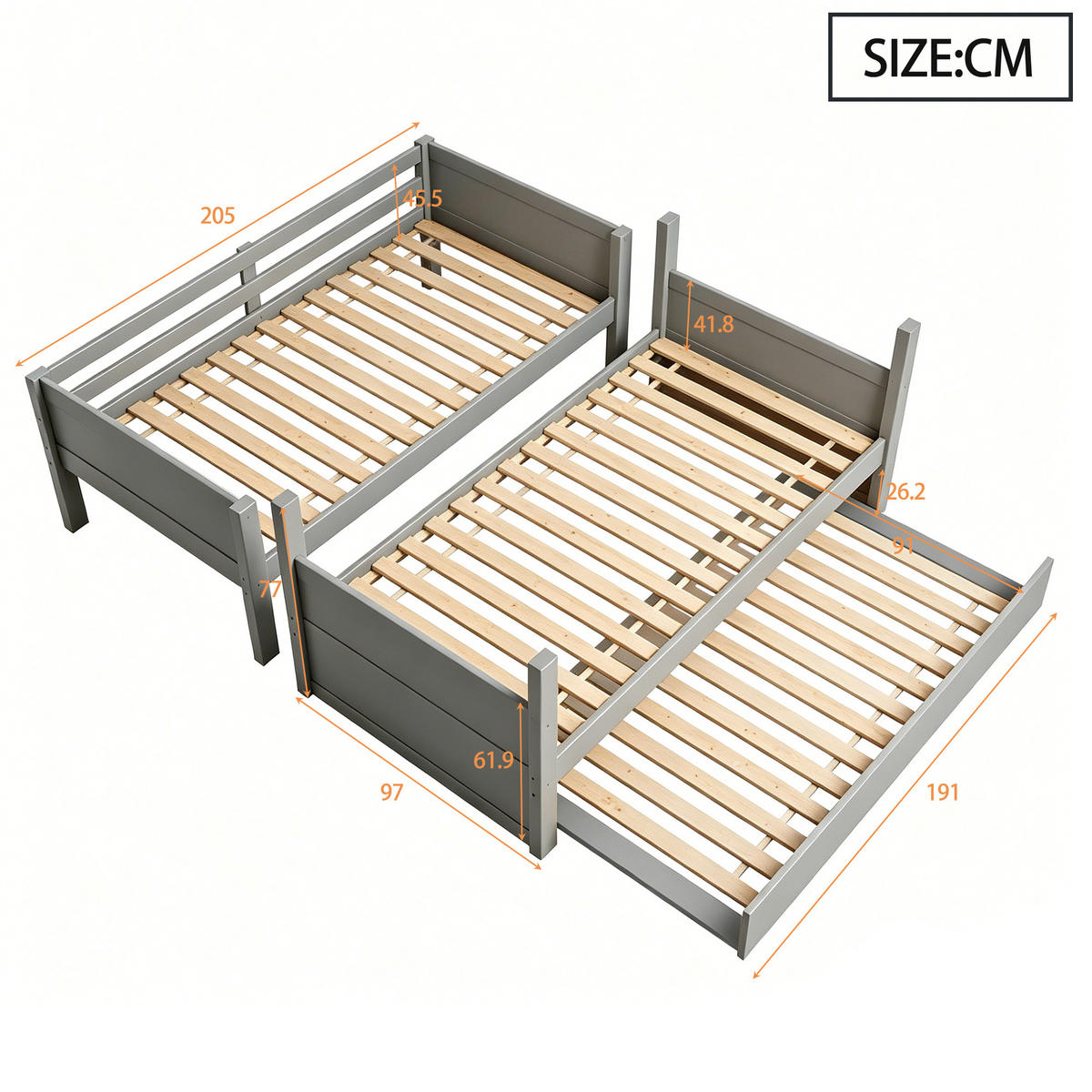 ETAGENBETT 90x200cm Holz Ausziehbett Sicherheitsgeländer Grau - Grau, Holz (90/200cm) - FLIEKS