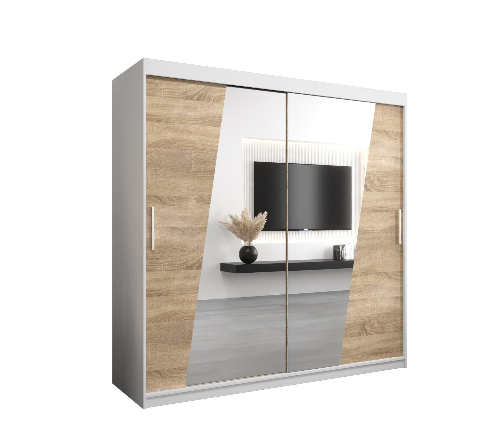 Abiks Möbel Schwebetürenschrank Weiß, Sonoma Eiche 200x200x62 cm