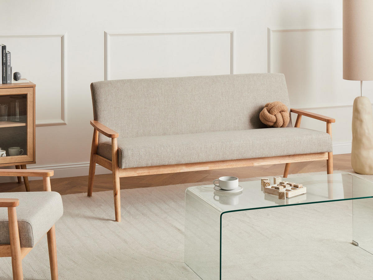SOFA 3-Sitzer Hellbraun/Grau Esrum - Hellbraun/Grau, Holz/Textil (151/79/72cm) - Beliani