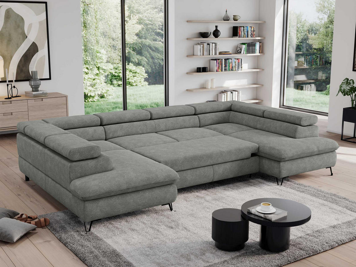 WOHNLANDSCHAFT PEDRO U Struktur Grau - Schwarz/Grau, Textil/Metall (346/76/208cm) - MKS