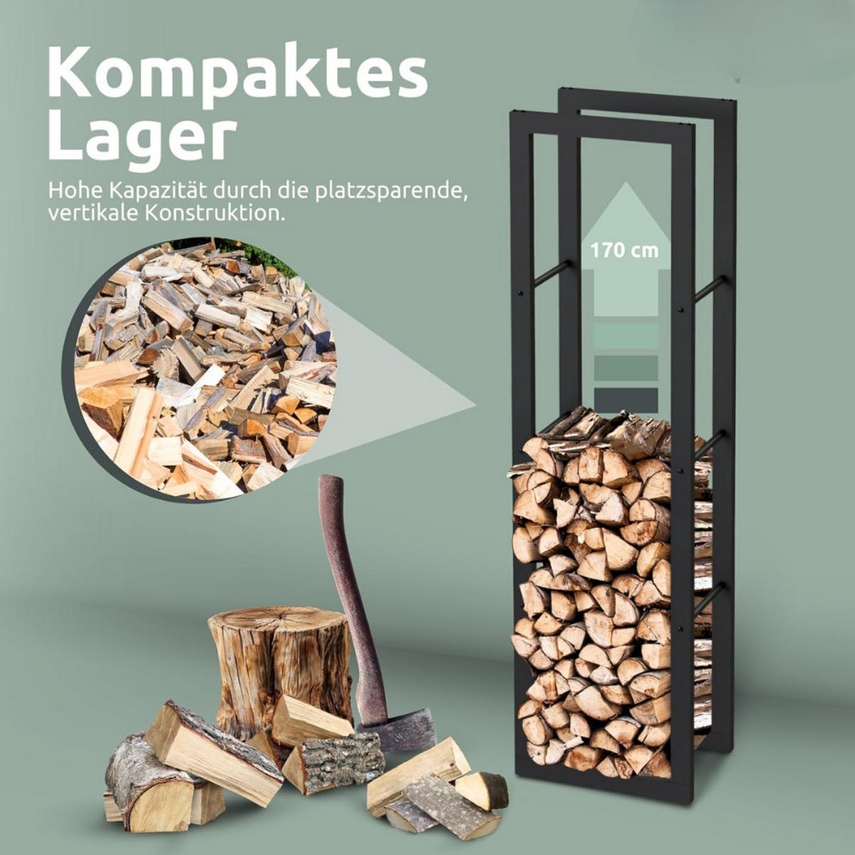 KAMINHOLZREGAL innen Metall KEOP Schwarz 45x30x170 cminkl. Ofenhandschuh - Schwarz, Metall (45/170/30cm) - DELUKE
