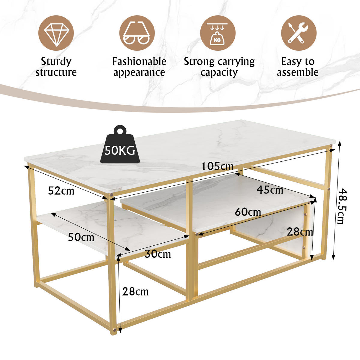 2ER SET COUCHTISCH Marmor Weiß/Goldfarben - Goldfarben, Metall (105/52/48.5cm)