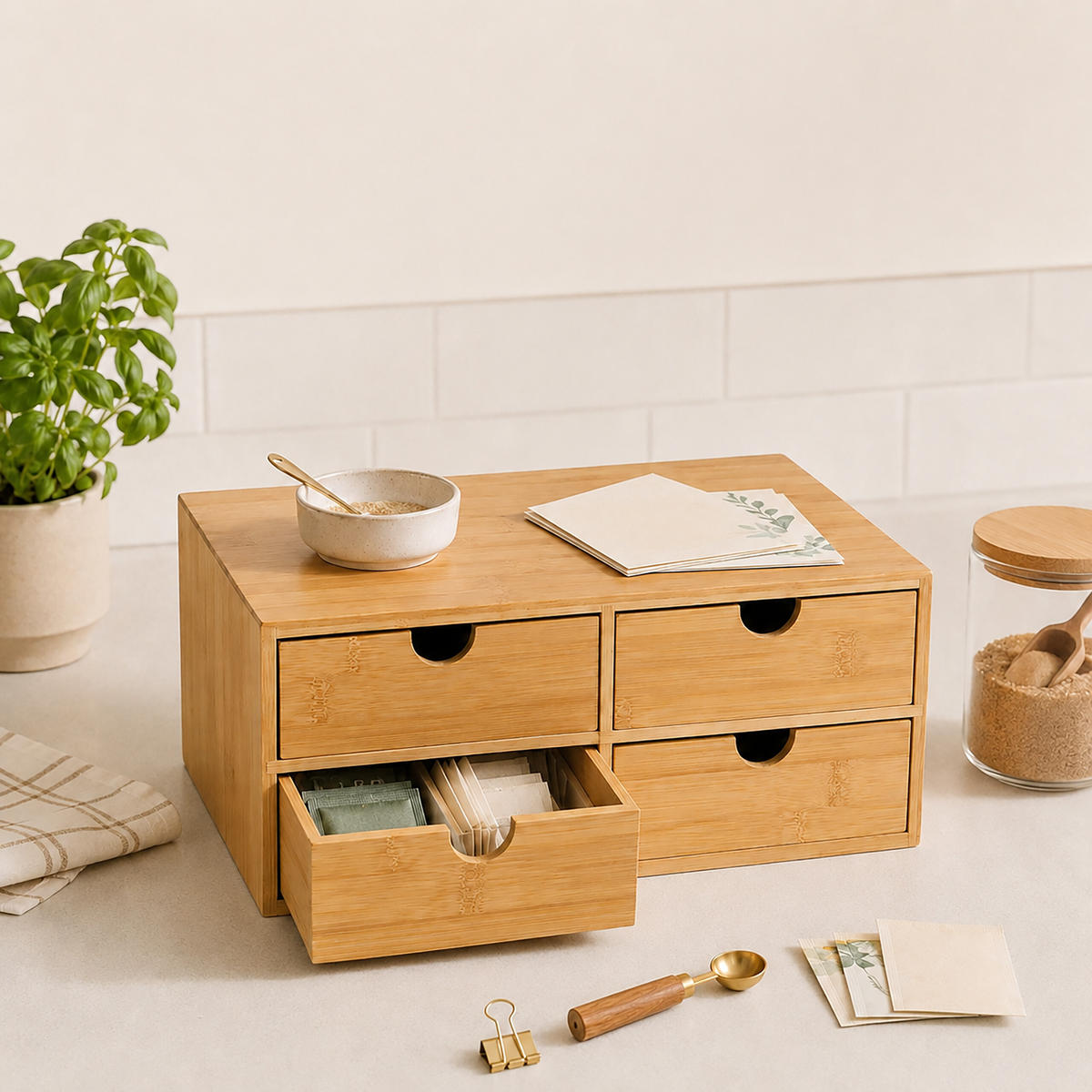 ORGANISERARE Natur bambu med lådor 14x33x21 cm - Ljusbrun, Trä (21/33/13.5cm) - Relaxdays