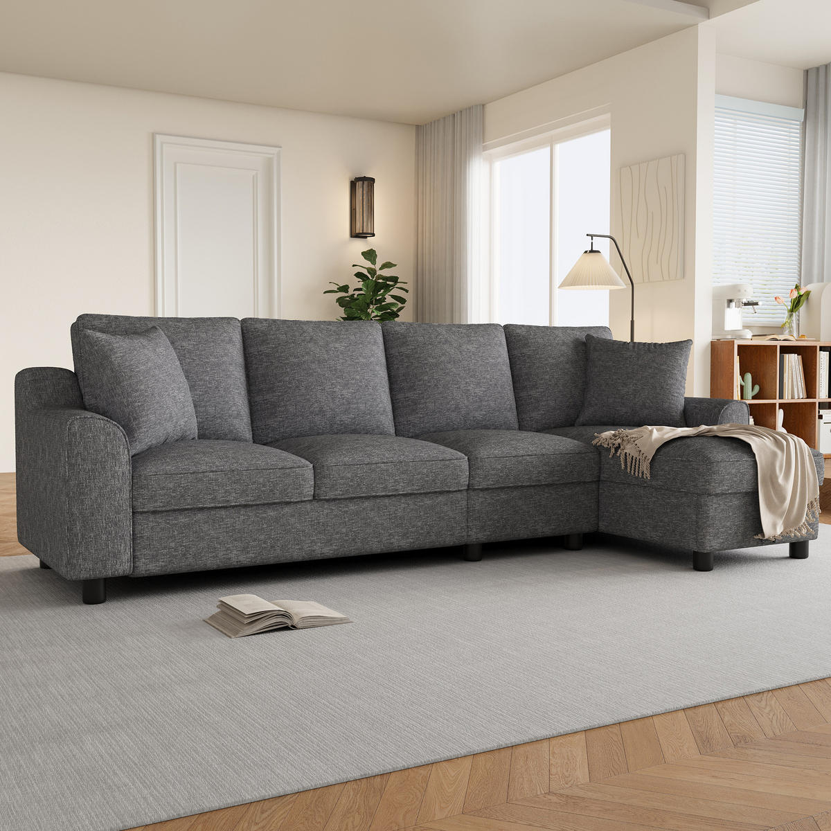 4-SITZER ECKSOFA Chenille Grau mit Stauraum und Getränkehaltern - Grau, Holzwerkstoff/Kunststoff (280/136cm) - WISHDOR