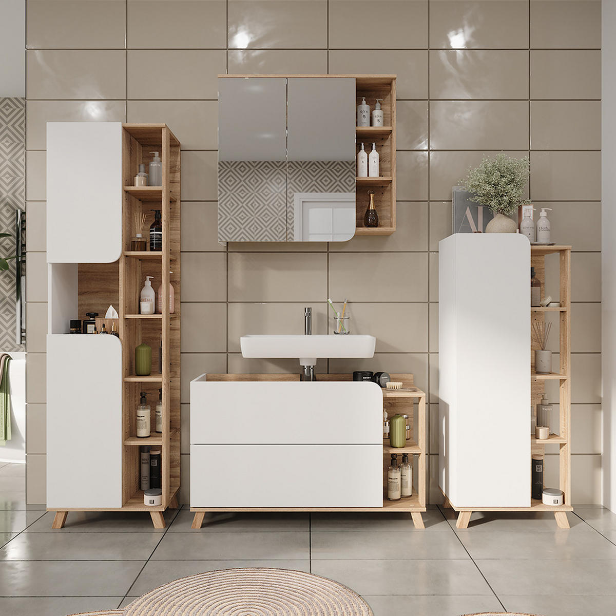 WASCHBECKENUNTERSCHRANK Karen Sonoma/Weiß 100 x 65 cm mit 2 Schubladen - Weiß/Sonoma Eiche, Holzwerkstoff (100/65/35cm) - Vicco