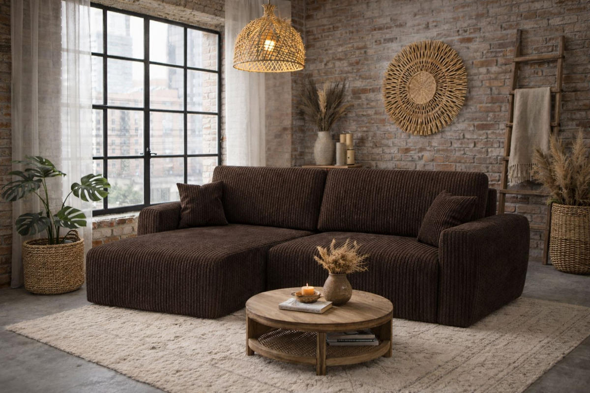 ECKSOFA Mit Schlaffunktion, Ariel XL, Cordstoff, Stoff Poso, Braun, Links - Braun, Holz (280/142cm) - Kaiser Möbel