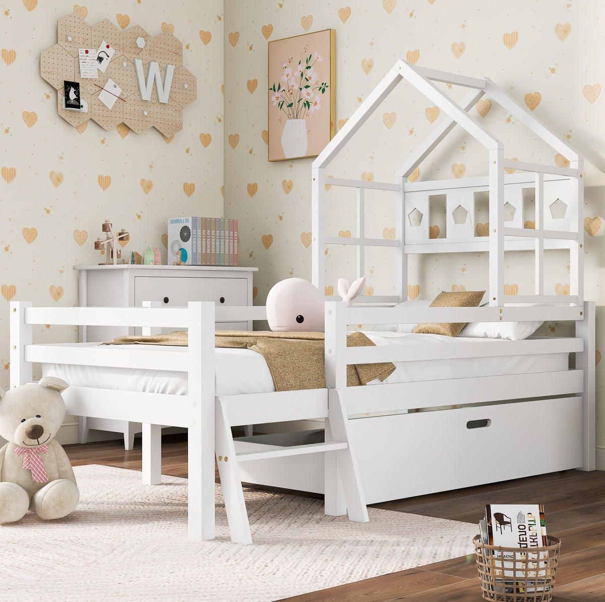 HOCHBETT 90/200 cm Weiß aus Massivholz mit Leiter und Schublade - Weiß, Holz (90/200cm) - Flora Grace