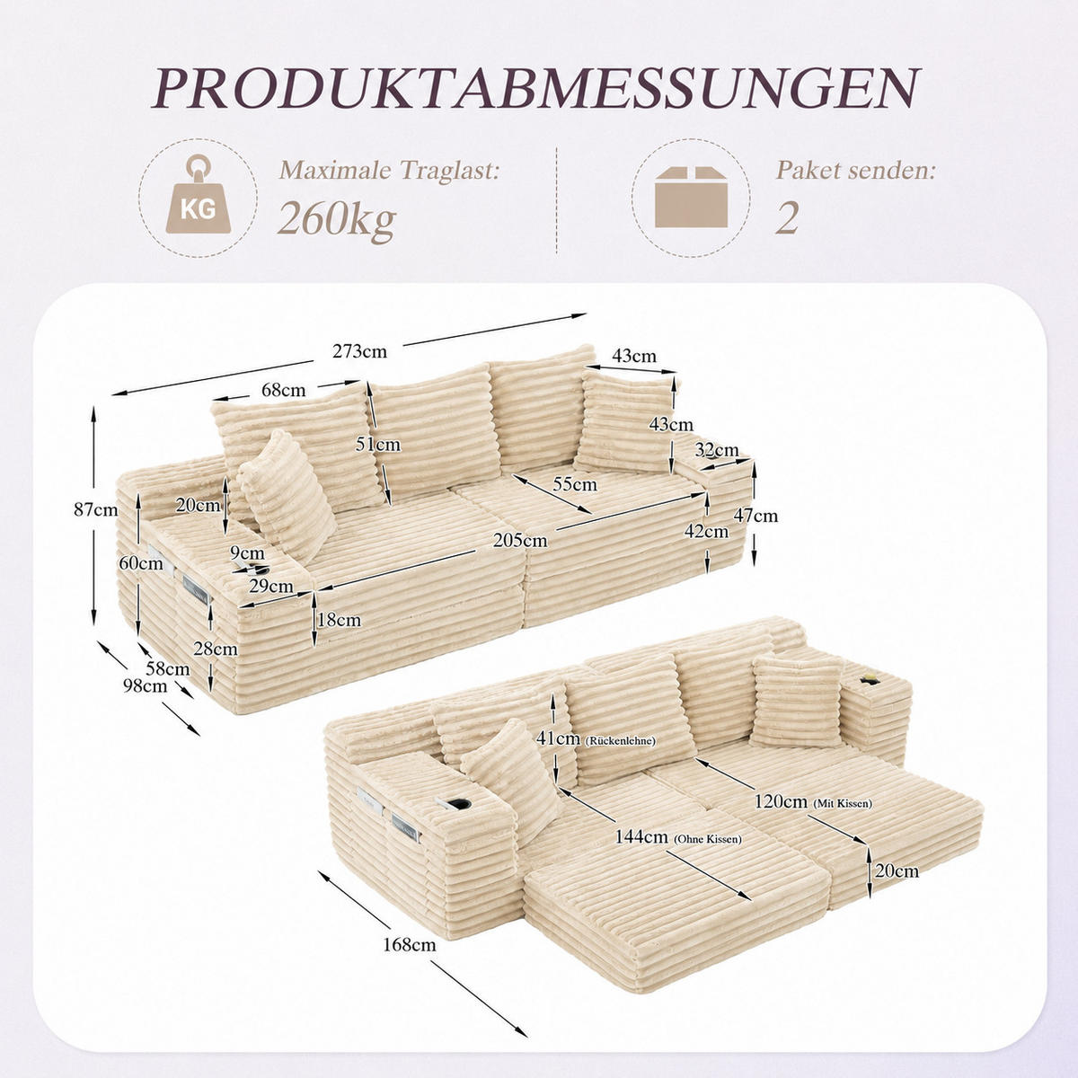 SCHLAFSOFA 273/98/87 cm Beige mit beidseitigen Taschen und Getränkehaltern - Beige, Textil (107.48/34.25/38.58cm) - Oxeza