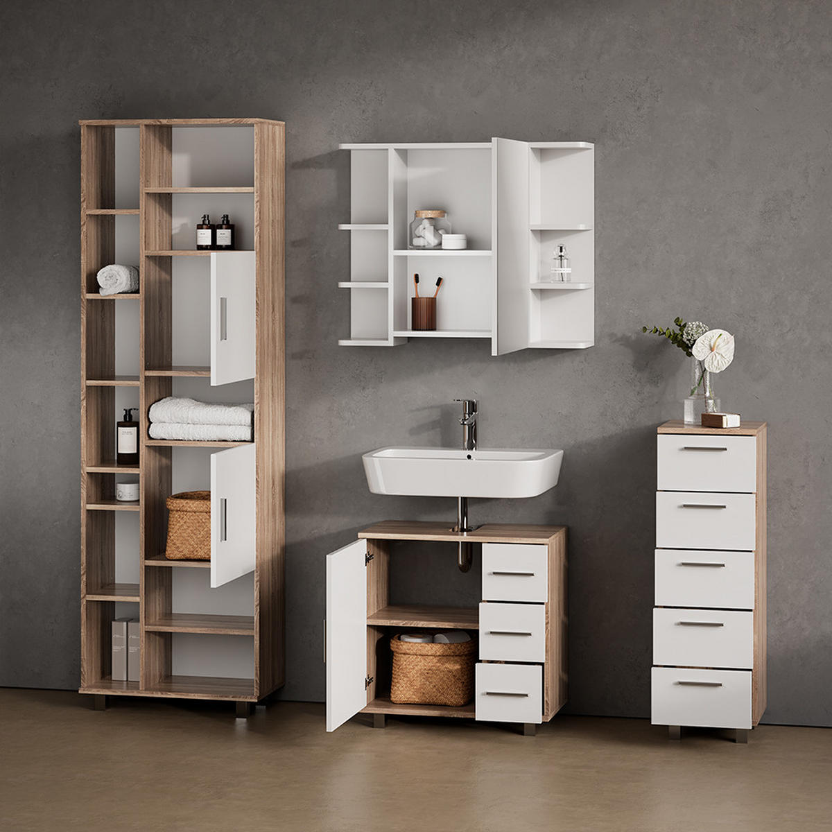 BADMÖBEL-SET Eisak Sonoma 4 Teile - Weiß/Sonoma Eiche, Holzwerkstoff (60/60/33cm) - Livinity®
