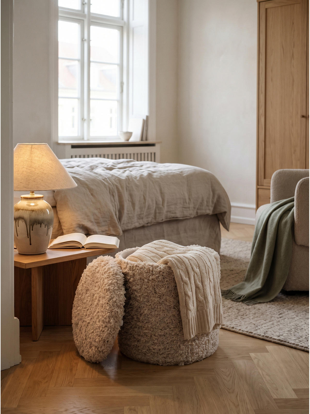 SITZHOCKER RHONE, Stoff, mit Textilbezug, Beige, Ø 40 x 45 cm - Beige, Textil (40/45/40cm) - KADIMA DESIGN