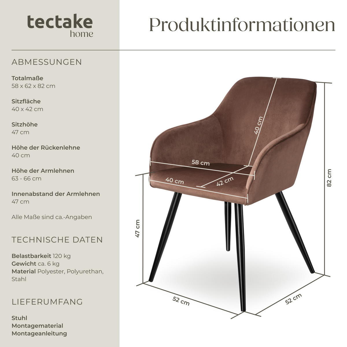 ESSZIMMERSTUHL Marilyn,58 x 62 x 82 cm,braun/schwarz - Schwarz/Braun, Textil (58/82/62cm) - tectake
