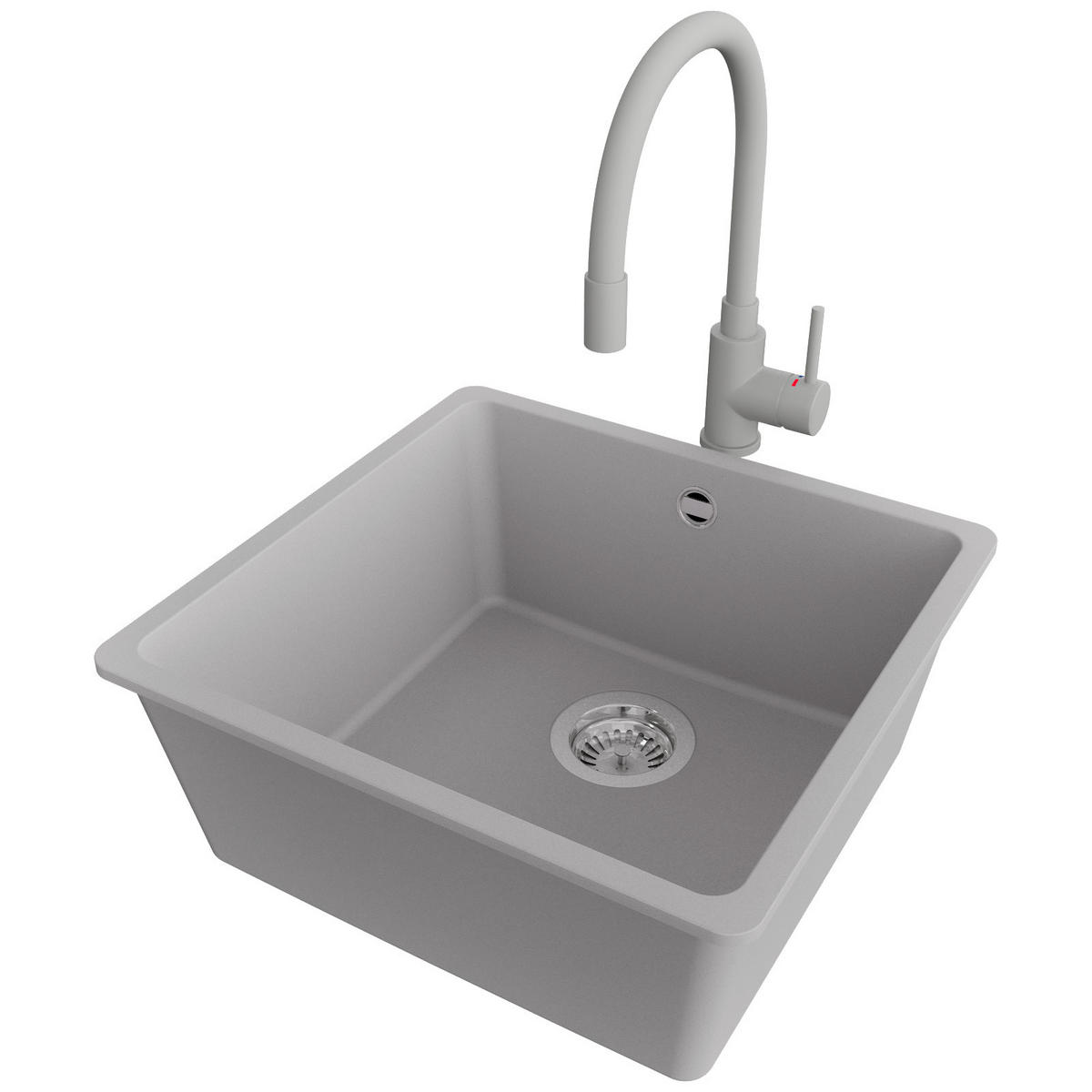 GRANITSPÜLE Venedig Slim Easy, 2-er set Grau 46/44 cm 1 Becken + Küchenarmatur 38/14 cm + Ablauf-Set ab 50er Unterschrank - Chromfarben/Grau, Kunststoff (46/20/44cm) - Primagran