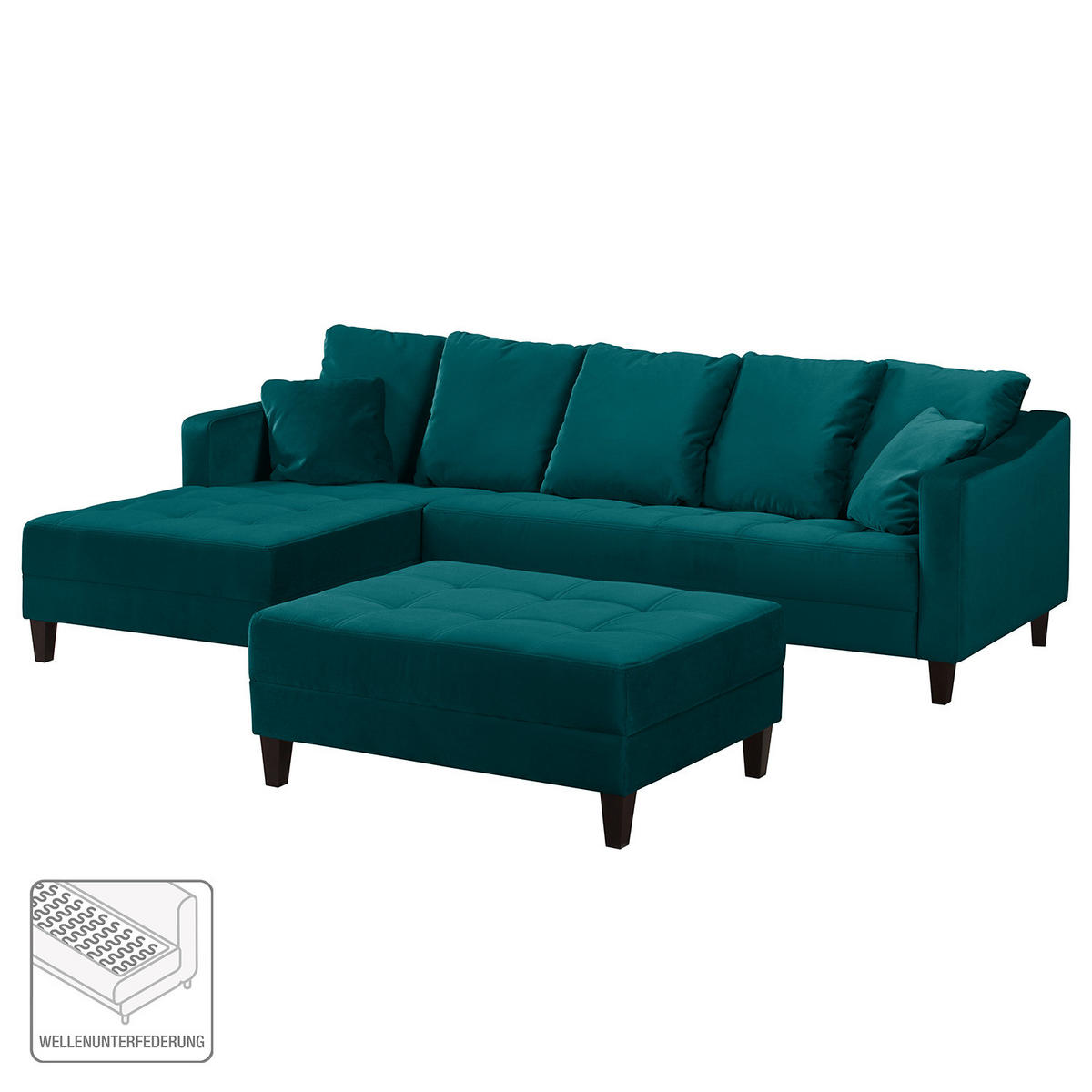 ECKSOFA mit Ottomane - Samt - Türkis, Textil (254/165cm) - home24