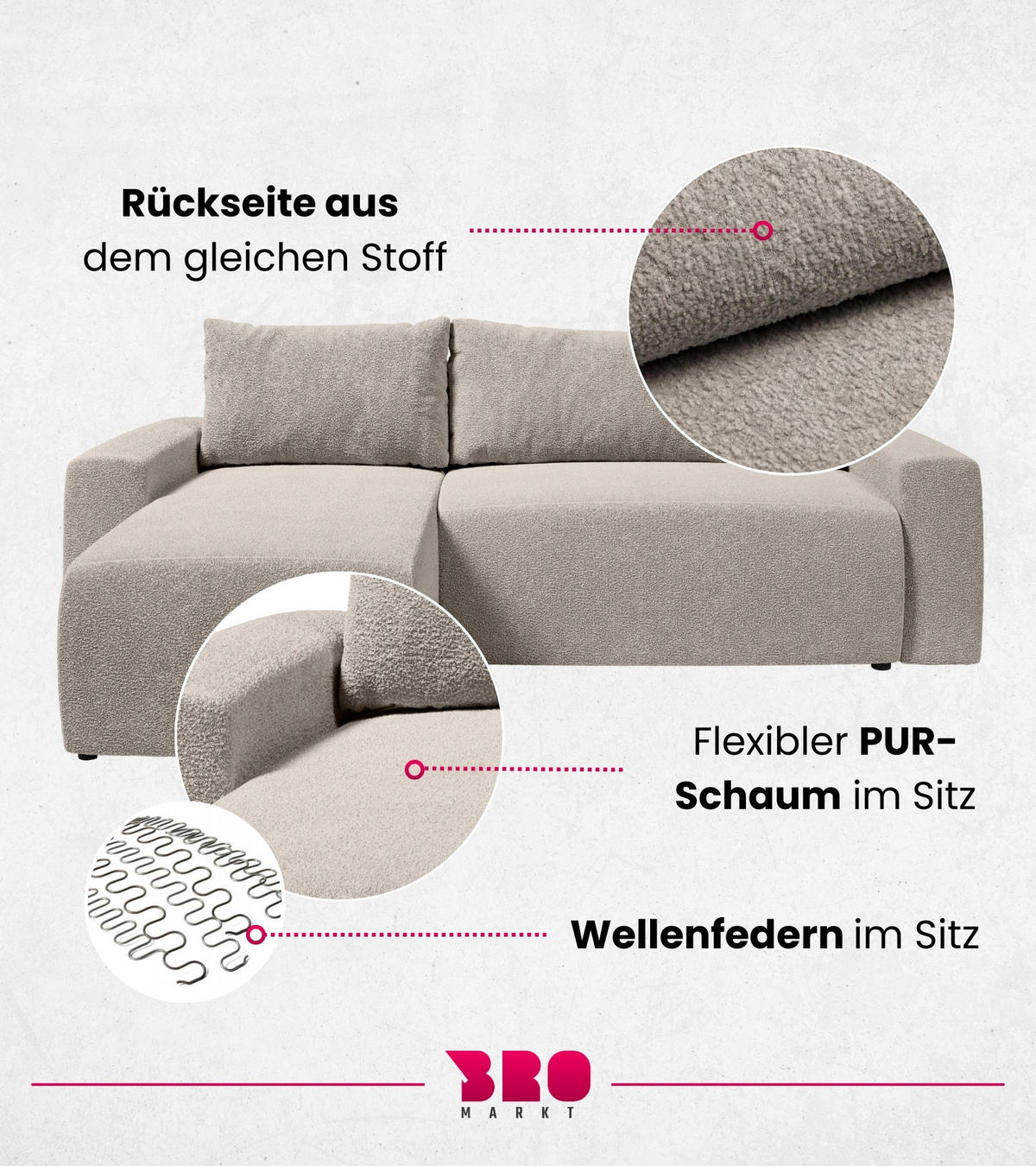ECKSOFA PLUSH mit Schlaffunktion Ecru Boucle - Ecru, Textil (240/145cm) - Bromarkt