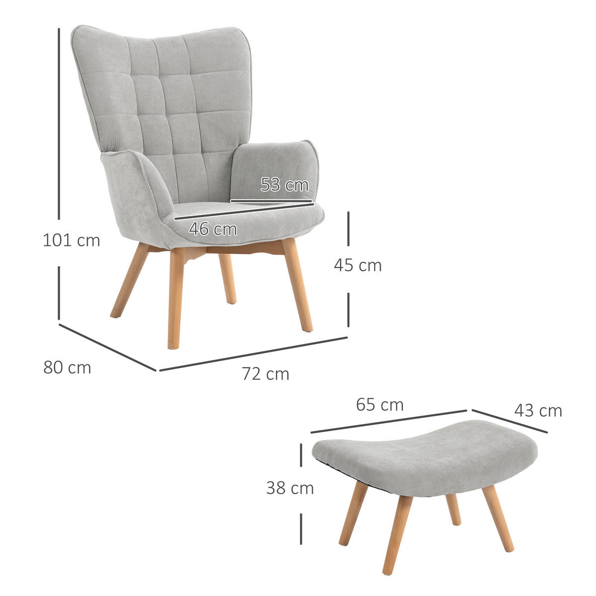 OHRENSESSEL, Relaxsessel, Grau - Grau, Holz (72/101/80cm) - HOMCOM