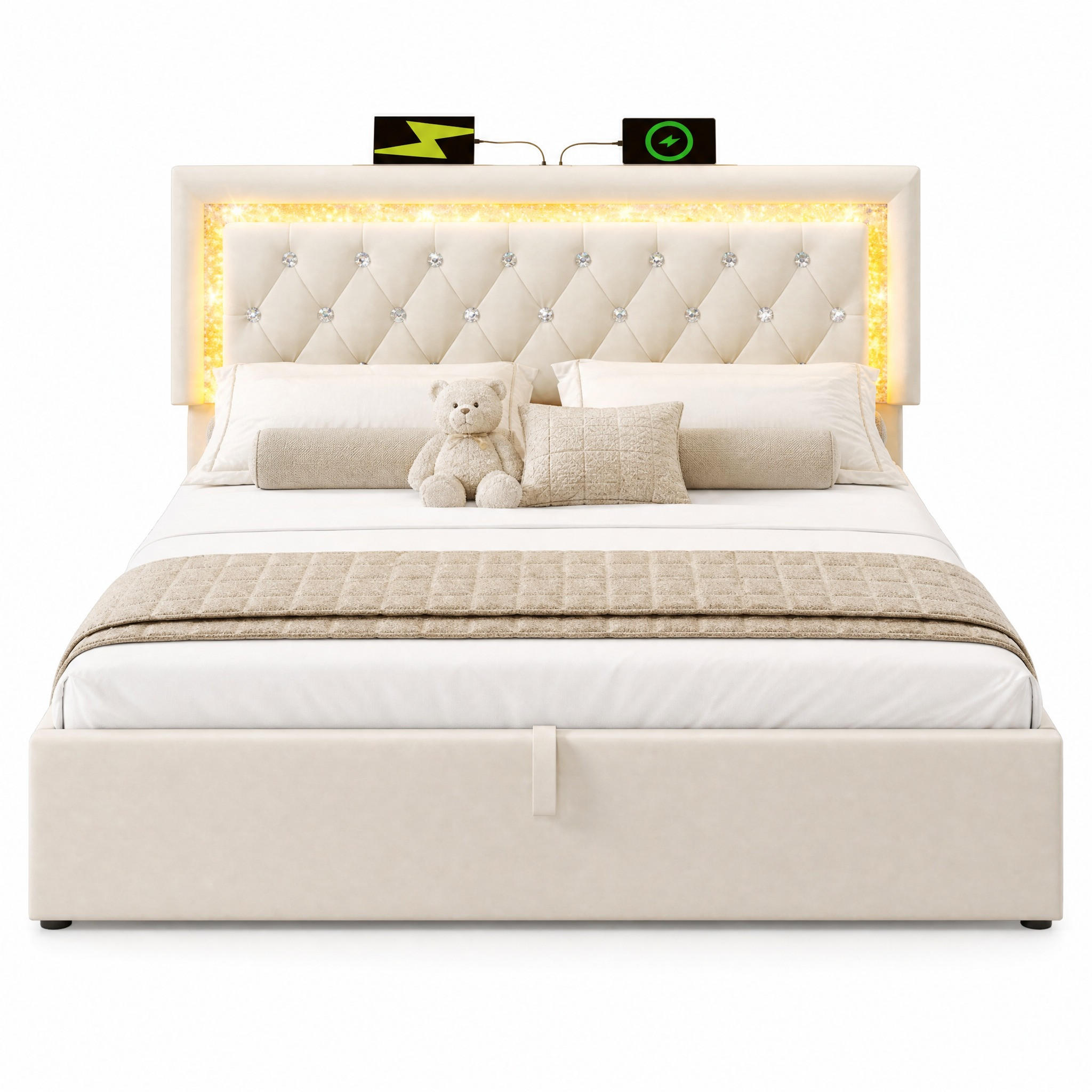 POLSTERBETT 160/200 mit Bettkasten, LED und USB in Beige - Beige, Holzwerkstoff/Textil (160/200cm) - EVRYAE
