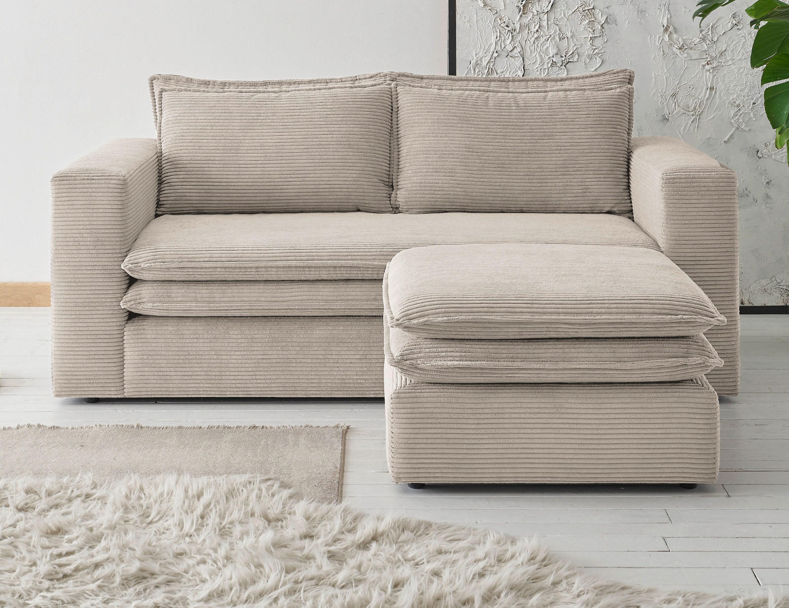 SOFA-SET beige Cord, Couch 2-Sitzer inklusive Hocker - Beige, Holz/Textil (180/83/161cm) - Furn.Design