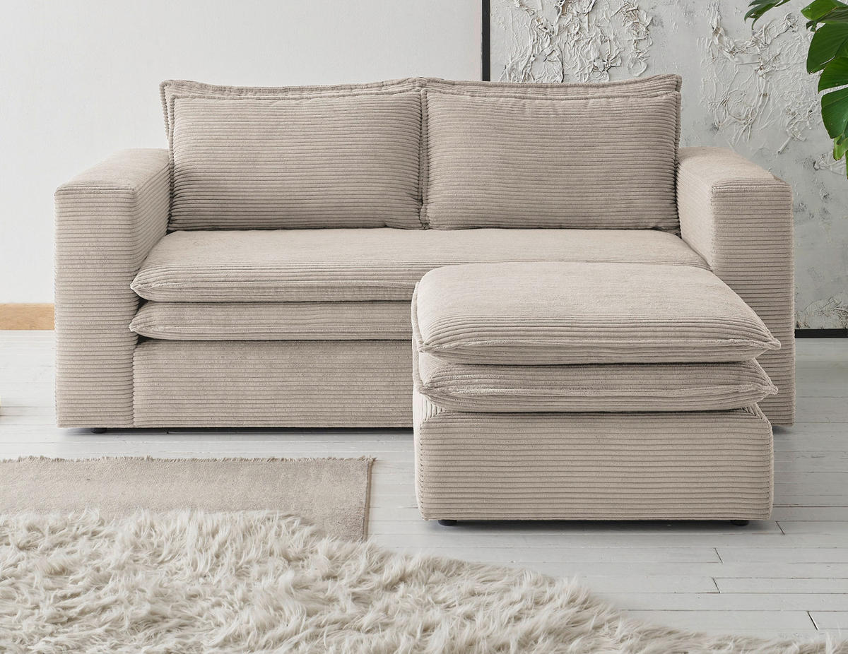 SOFA-SET beige Cord, Couch 2-Sitzer inklusive Hocker - Beige, Holz/Textil (180/83/161cm) - Furn.Design