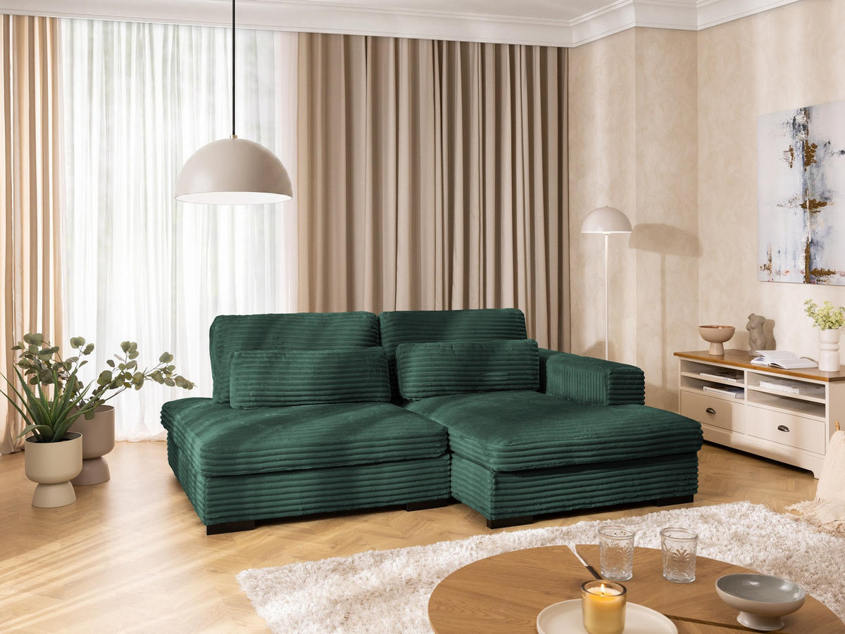 ECKSOFA Wolke mit tiefer Sitzfläche, Schlaffunktion und praktischem Bettkasten aus weichem Grün Cordstoff - Schwarz/Grün, Holz/Kunststoff (225/162cm) - S-Style