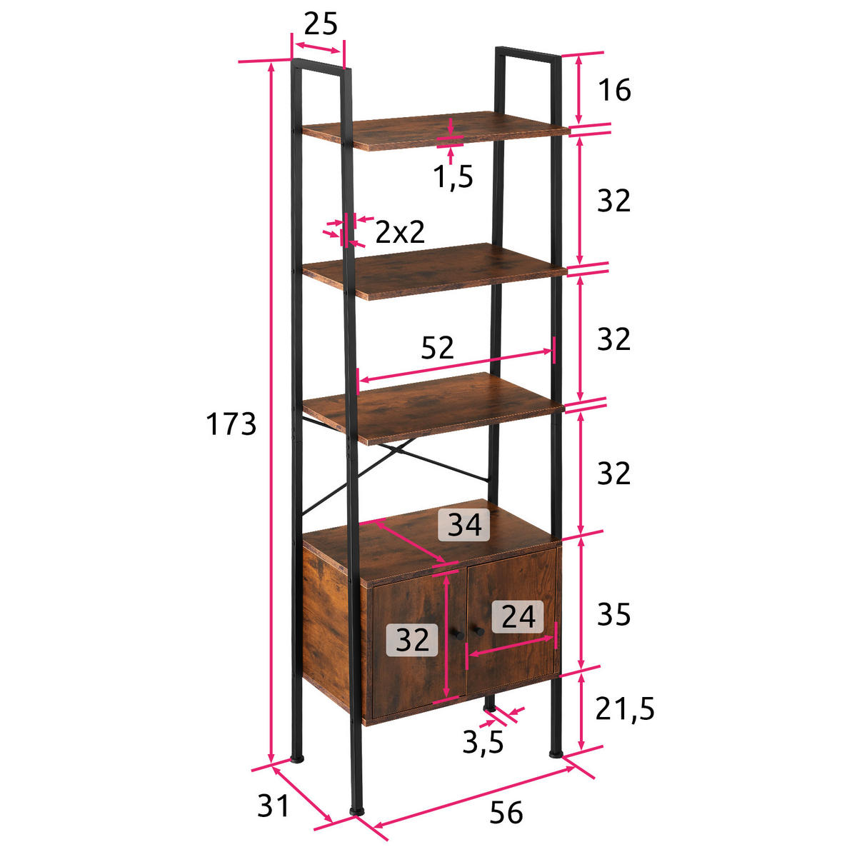 LEITERREGAL Brentwood,inklusive Kippschutz, 57,5 x 34 x 173 cm,Industrial Holz dunkel, rustikal - Rostfarben, Holzwerkstoff (34/173/57.5cm) - tectake
