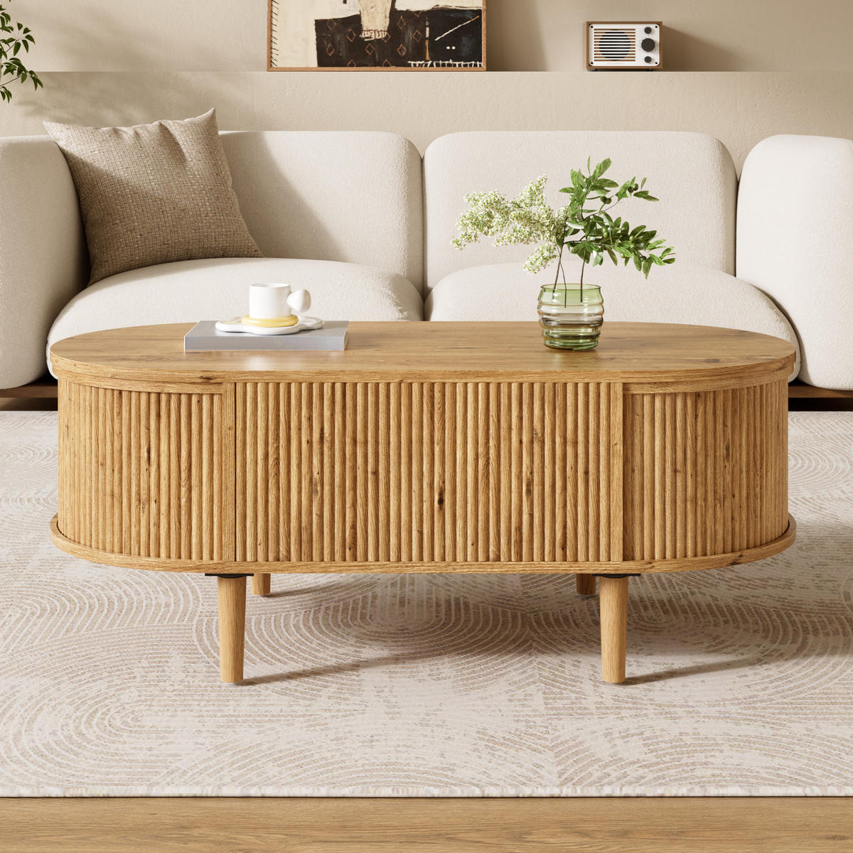 KONFERENČNÍSTOLEK Oválný Vlnitý Zvedací Úložný - barva dubu, kompozitní dřevo (100/48/54.5cm) - FLIEKS