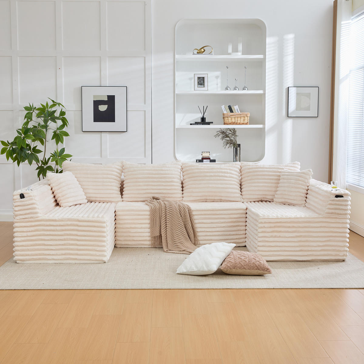 WOHNLANDSCHAFT 320/155/88 cm Beige mit Getränkehalter und Seitentasche - Beige, Textil (320/88/155cm) - Oxeza