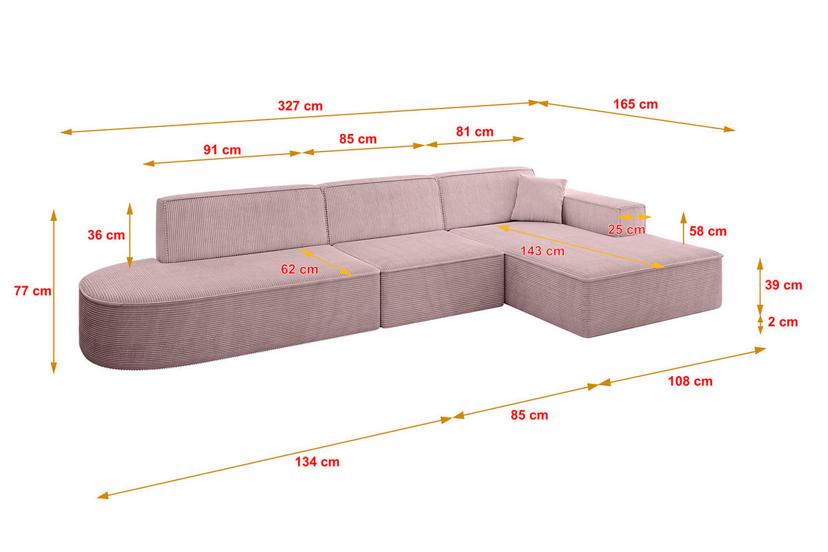 ECKSOFA Ottomane Rechts IREA-L2-v4 - 327x165x77 cm Rosa - Rosa, Holzwerkstoff/Textil (327/165cm) - ALTDECOR