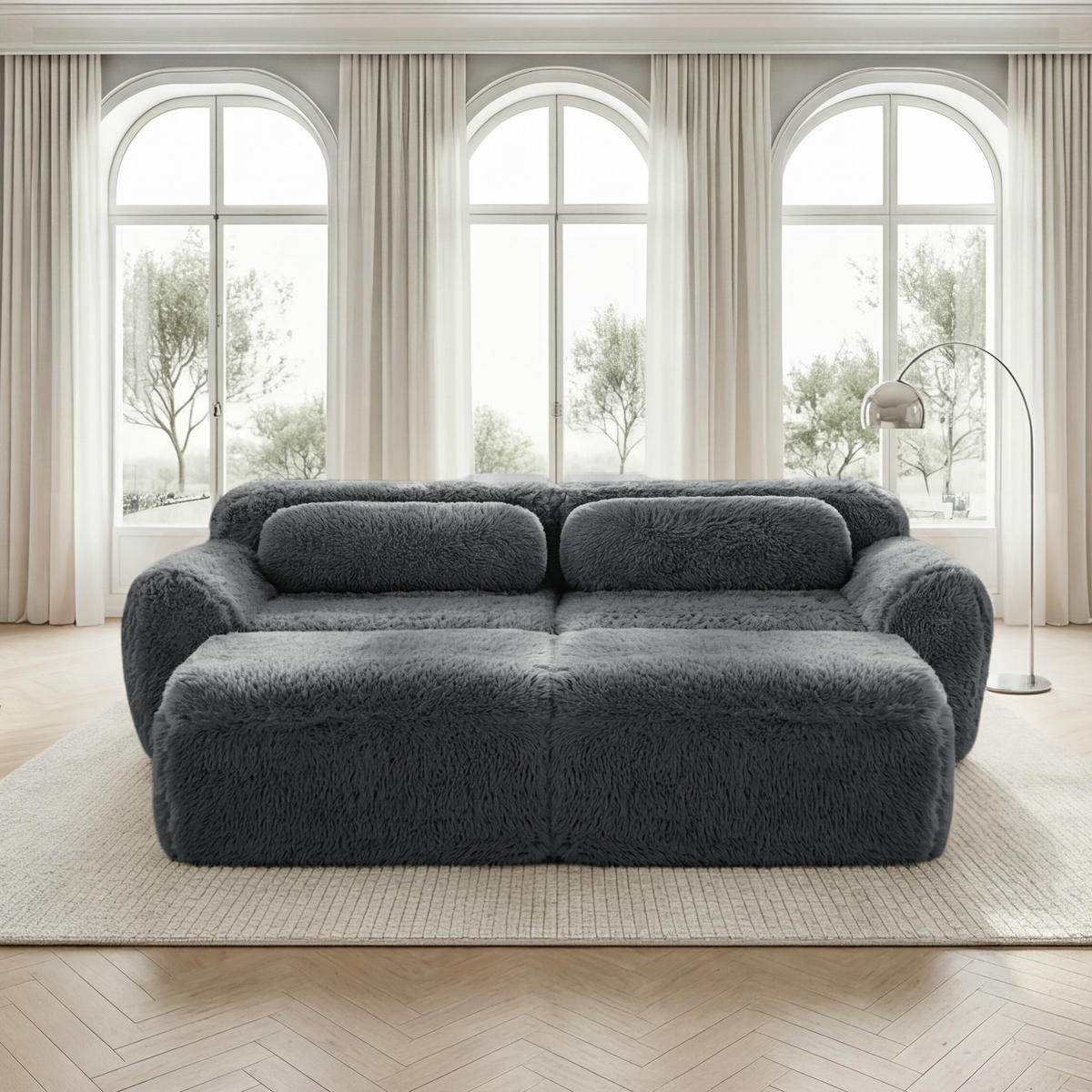 SCHLAFSOFA 2-Sitzer aus Plüschstoff mit 2 Hockern, Grau - Grau, Textil (204/73/179cm)