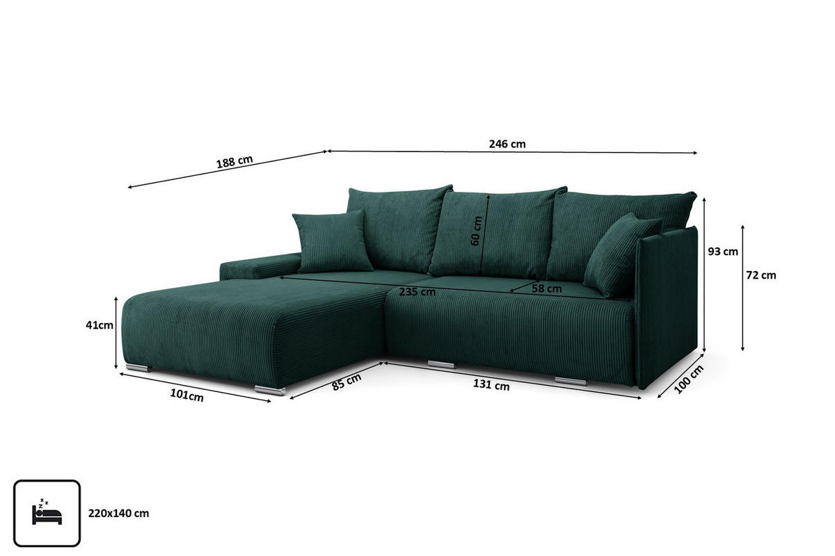 ECKSOFA L-Form Schlaffunktion Livorno Cord-Stoff Grün Links - Chromfarben/Schwarz, Holz/Kunststoff (246/188cm) - Kaiser Möbel