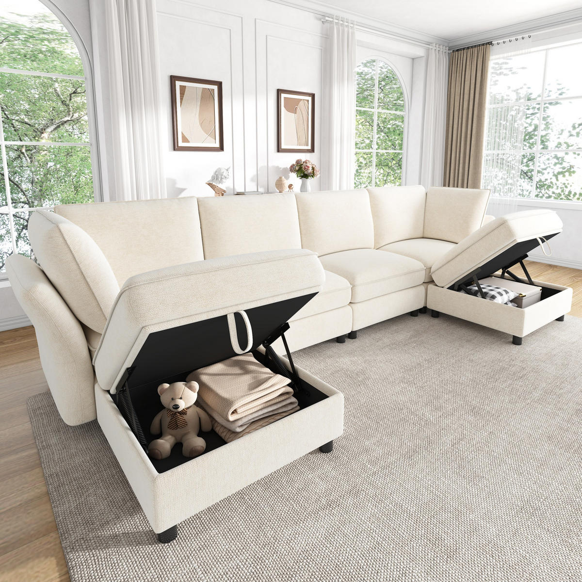 ECKSOFA mit 2 Stauraum-Hockern und Taschenfedern aus Chenille - Beige, Textil (289/137cm) - EVRYAE