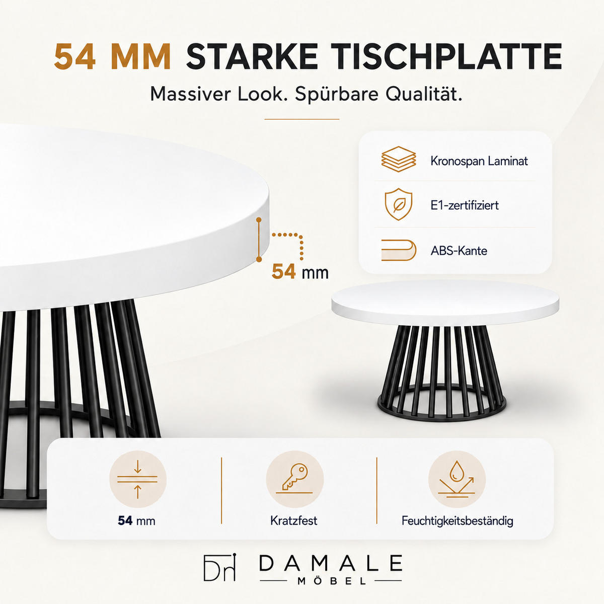 ESSTISCH rund ausziehbar 90/190/76 cm, Weiß, 54 cm Tischplatte + Lamellen-Metallgestell Schwarz - Schwarz/Weiß, Holzwerkstoff/Metall (90/190/76cm) - Damale Möbel