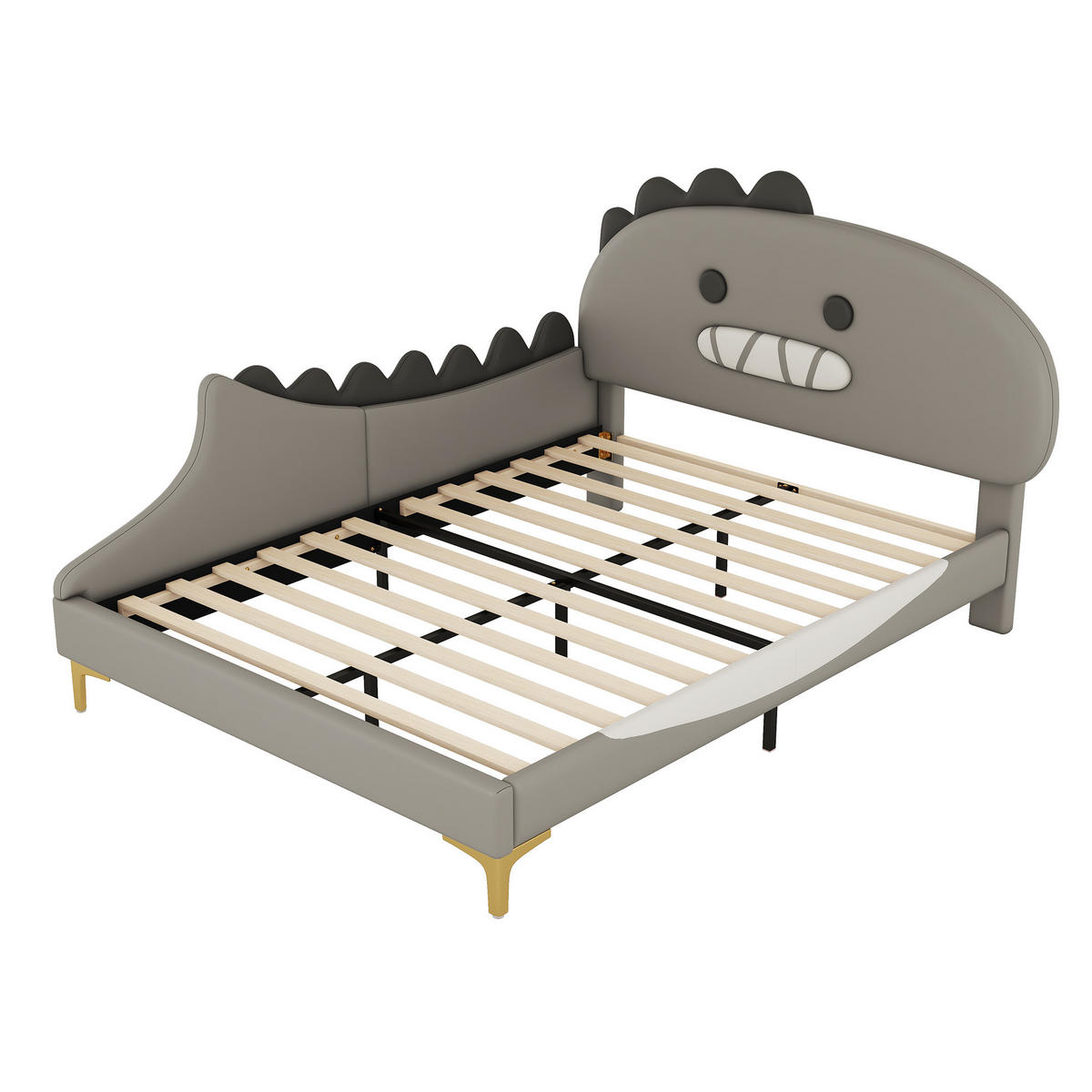 KINDERBETT 140/200 cm Grau aus PU mit Dinosaurier-Kopfteil - Grau, Kunststoff (140/200cm) - OKMYHOME