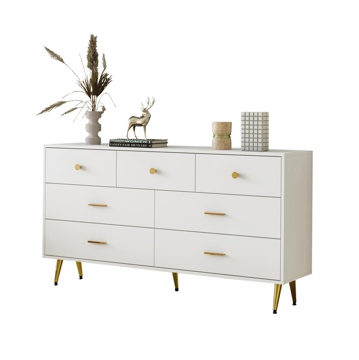 SIDEBOARD 140/35/76 cm mit 7 Schubladen in Weiß und goldfarbenen Details - Weiß, Holzwerkstoff (140/76/35cm) - BEAOK