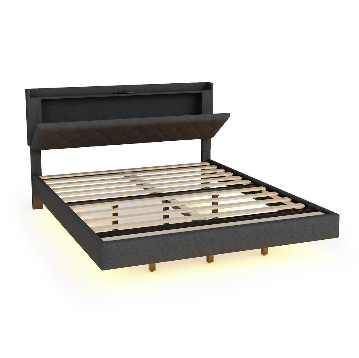 POLSTERBETT 160/200 cm aus Leinenstoff mit LED-Lichtleiste, USB-Anschluss und Stauraum, Grau - Grau, Textil (160/200cm) - Redom
