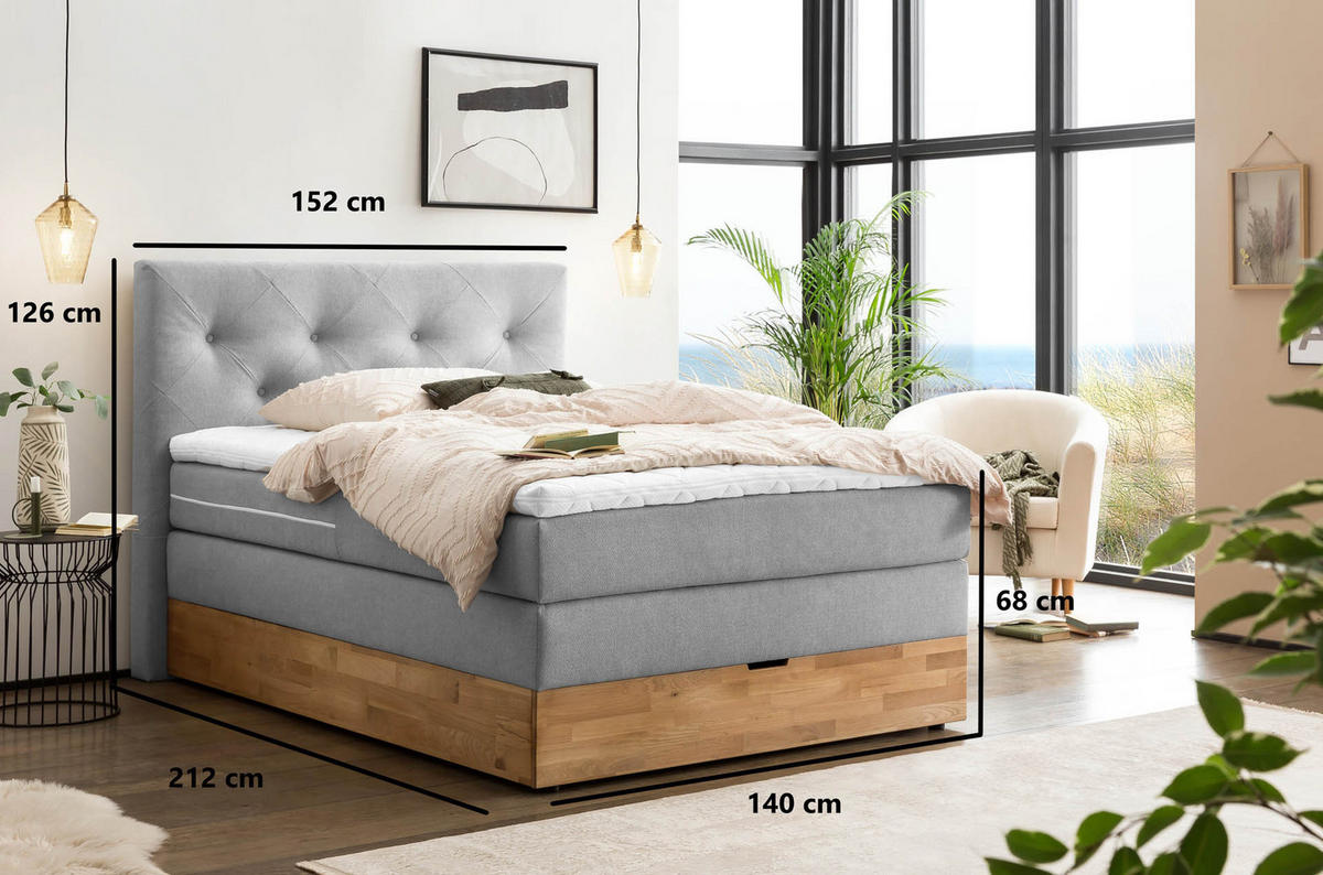 BOXSPRINGBETT MARBO 140x200 Hellgrau H2 und H3 mit Bettkasten 7-Zonen Taschenfederkern Matratze inkl. Visco Topper und Eiche - Hellgrau, Textil (140/200cm) - Belanoti