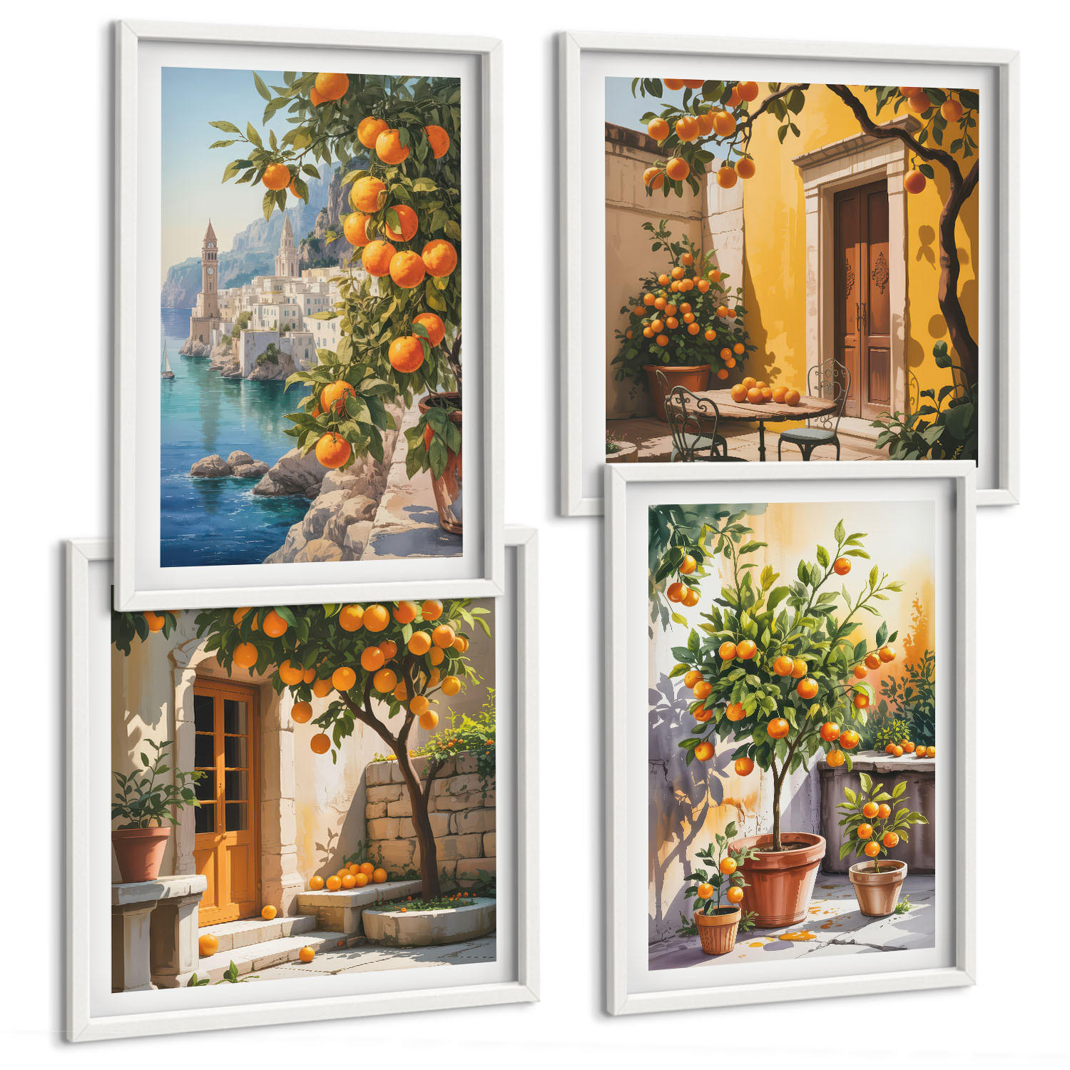 BILDER SET 4er Set - 50x50 cm & 40x60 cm Weißer Rahmen - Gemalte Zitruslandschaften - Weiß, Kunststoff (50/50cm) - TULUP