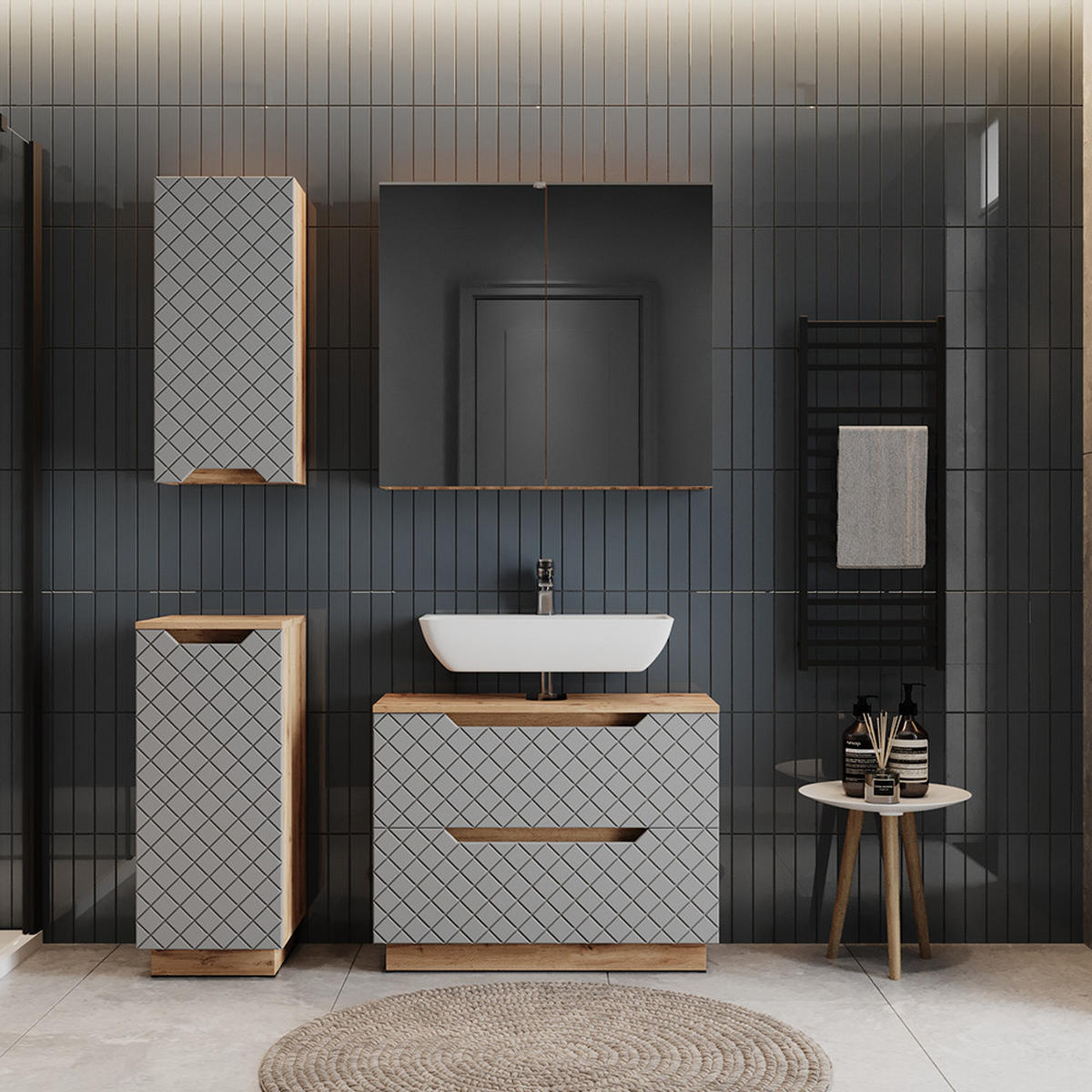 BADMÖBEL-SET Lotta Eiche/Grau mit Kachelstruktur 4 Teile - Eichefarben/Grau, Holzwerkstoff (79.6/62.5/32cm) - Vicco