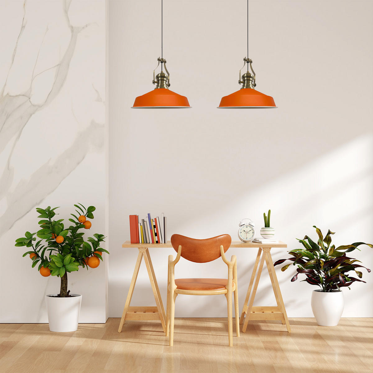 PENDELLEUCHTE Asletl Vintage 2 Flammig 41/36 cm - Weiß Hochglanz/Orange, Metall (36/41/36cm) - Bamyum