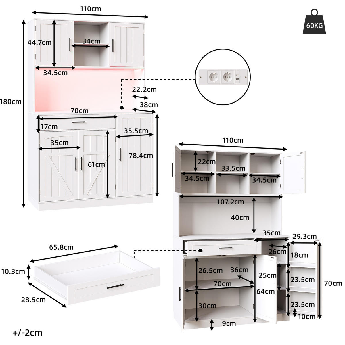 KOMODA od MDF-a i metala, 110/38/180 cm bijela, s LED rasvjetom i utičnicama - bijela, drvni materijal (110/180/38cm) - BEAOK