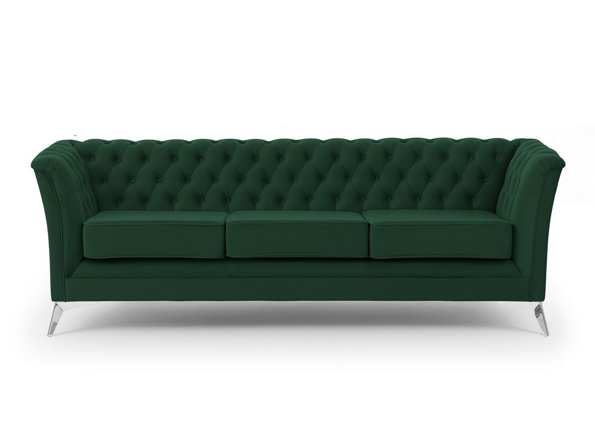 CHESTERFIELD-SOFA 3-sitzer Whitby Flaschengrün Samt mit silbernen Füßen - Dunkelgrün/Silberfarben, Holz/Textil (237/78/82cm) - S-Style Möbel