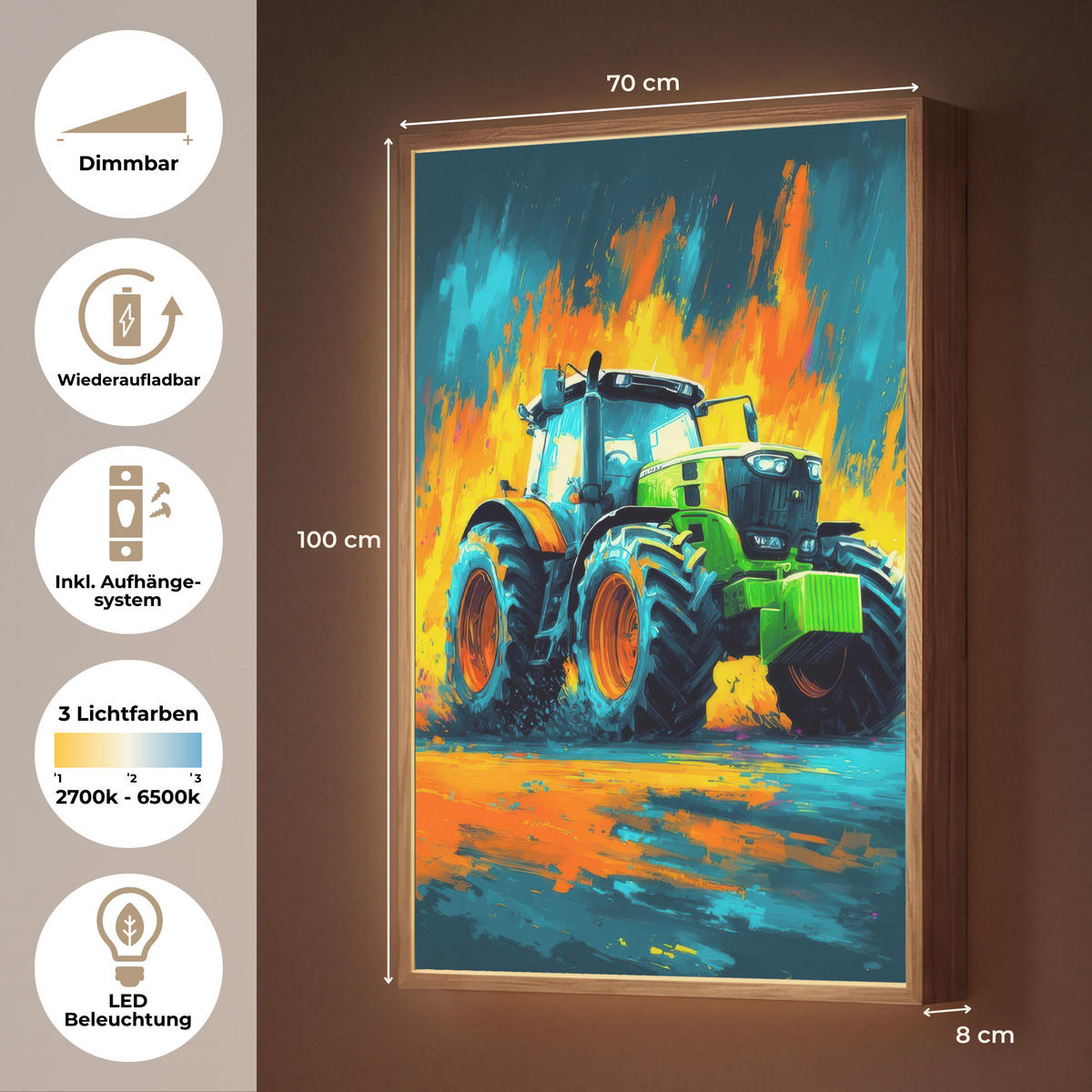 NÁSTĚNNÁ LAMPA S AKUMULÁTOREM Abstrakt - Traktor - Zelený 70x100 cm - tmavě modrá, kompozitní dřevo (70/100/8cm) - OnlyWow