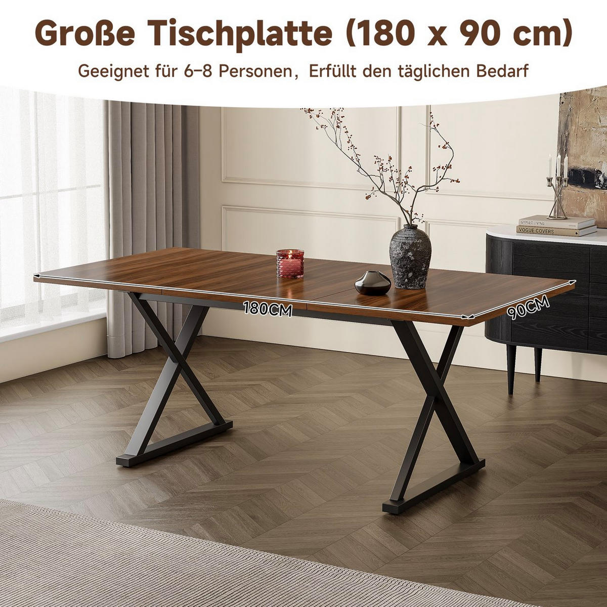 ESSTISCH, 6-8 Personen, Metallbeine, Walnuss/Schwarz, 180x90x75cm - Walnussfarben, Holzwerkstoff (180/90/75cm) - FLIEKS