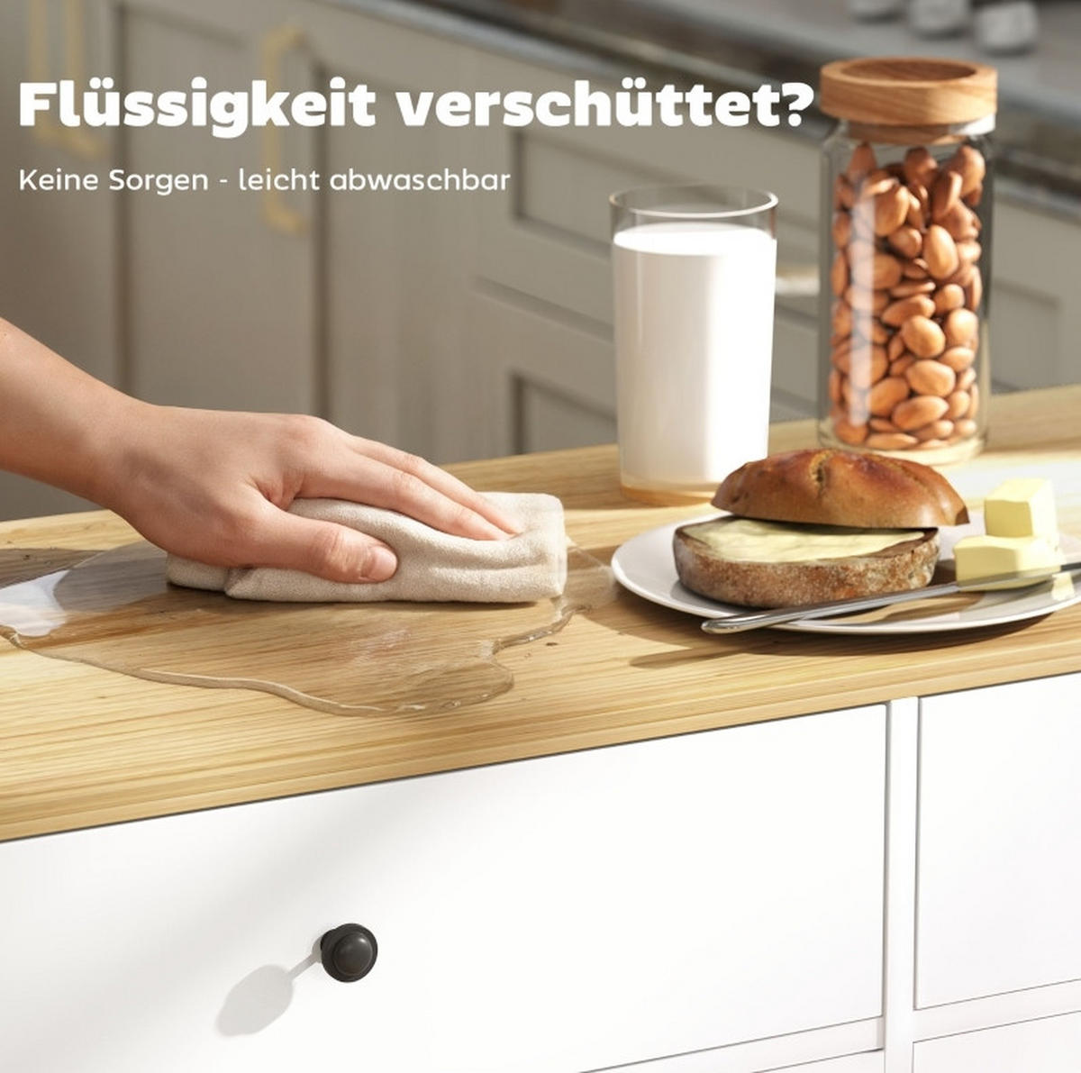 KÜCHENINSEL 147x43x89cm Weiß mit 2 Schränken,Gewürzregal & 5 Rollen - Weiß, Holz (147/89/43cm) - Modfu